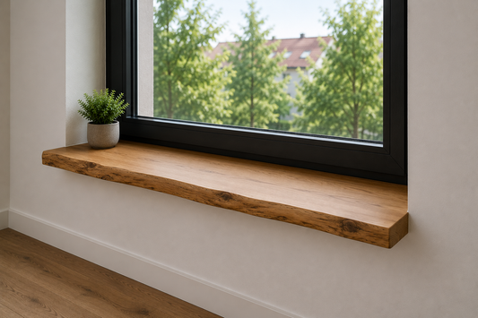 Eiche Fensterbank massiv | Geölt | Waldkante oder gerade Kante | 28–33 mm | Fensterbrett nach Maß | Deutsche Eiche |Individuelle Anfertigung