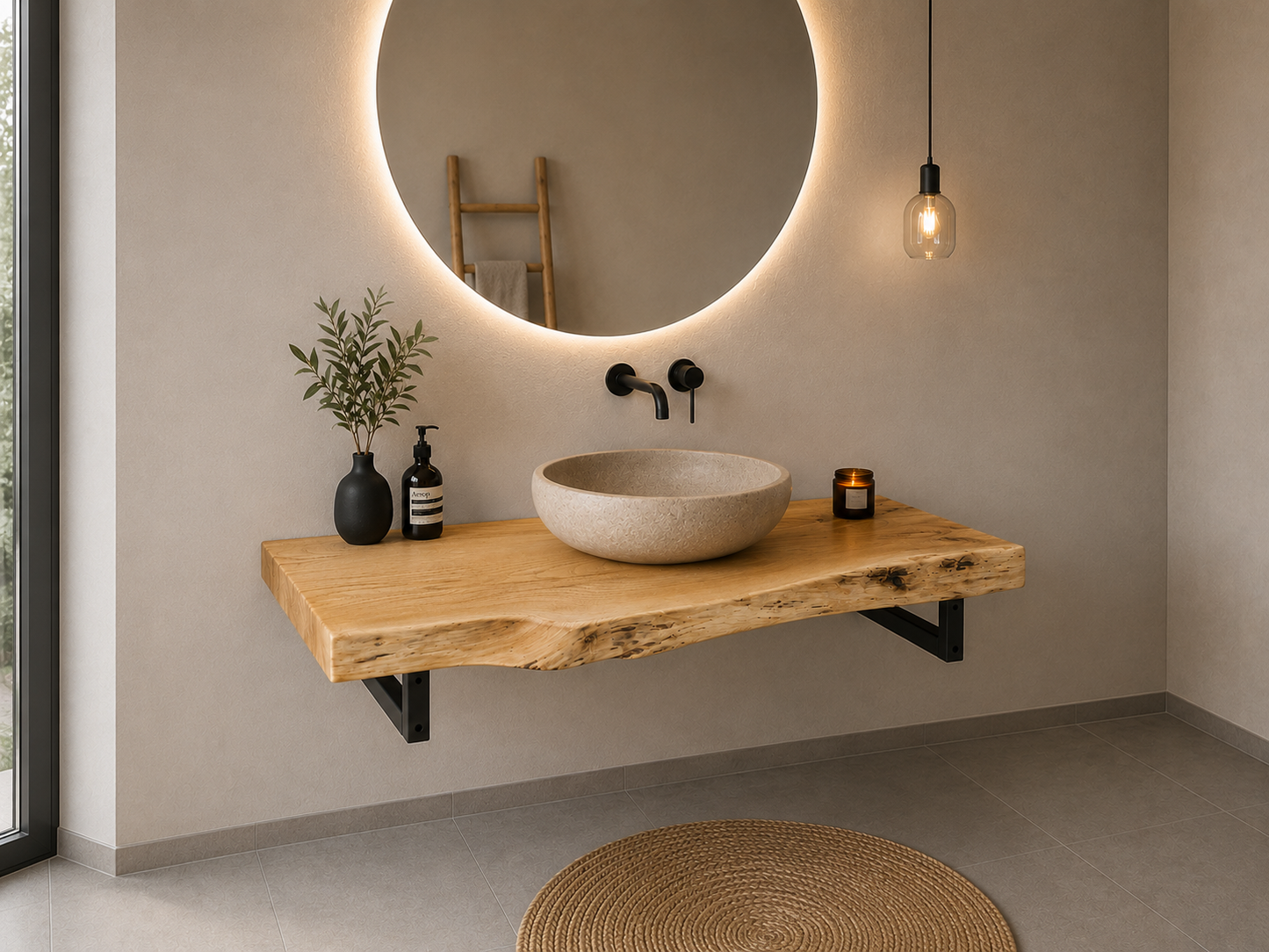 Hochwertiger schwebender Waschtisch aus Eiche | Natürliche Waldkante | Badezimmer Holzplatte | Lackierte Oberfläche | Massivholz Waschtisch | Inkl. Halterung