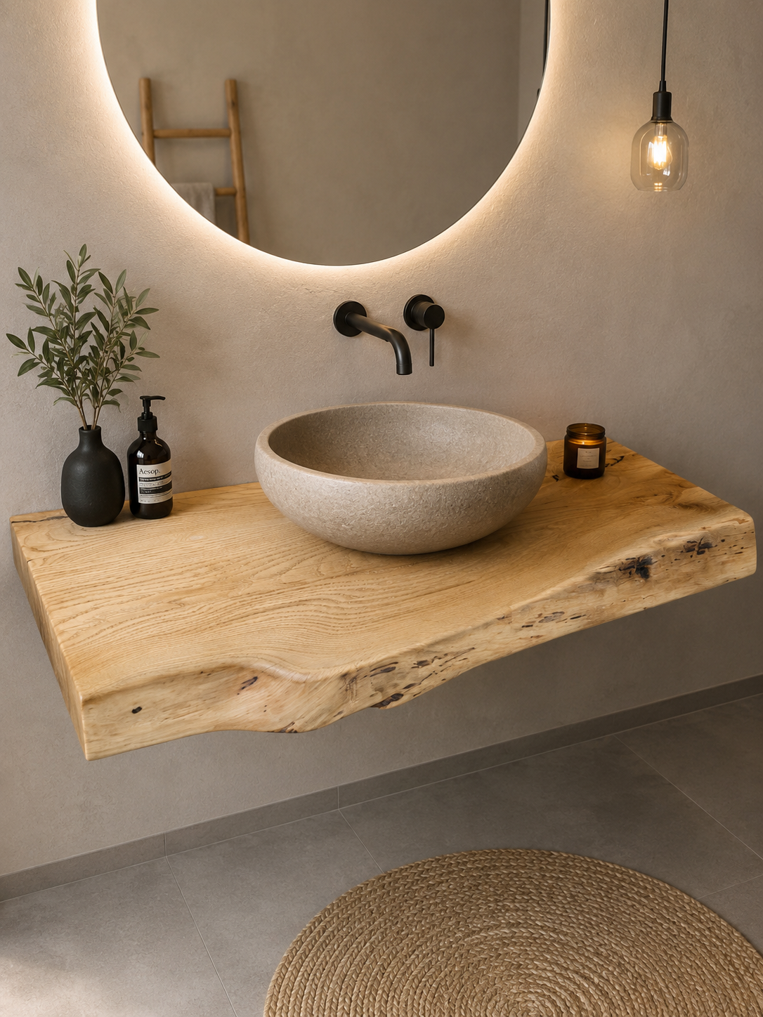 Hochwertiger schwebender Waschtisch aus Eiche | Natürliche Waldkante | Badezimmer Holzplatte | Lackierte Oberfläche | Massivholz Waschtisch | Inkl. Halterung