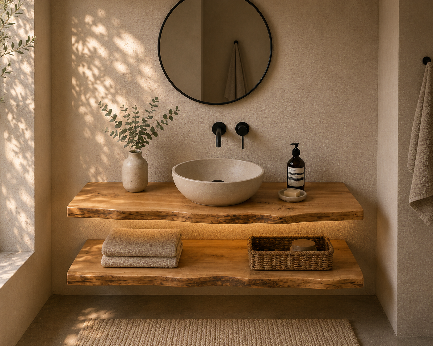 Premium schwebender Waschtisch aus Eiche | Natürliche Waldkante | Badezimmer Holzplatte | Lackierte Oberfläche | Massivholz Waschtisch