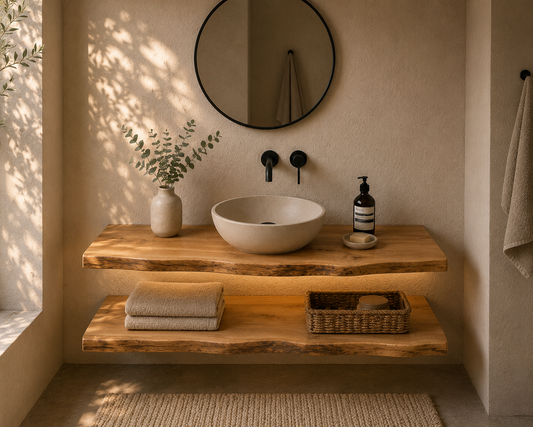 Premium schwebender Waschtisch aus Eiche | Natürliche Waldkante | Badezimmer Holzplatte | Lackierte Oberfläche | Massivholz Waschtisch