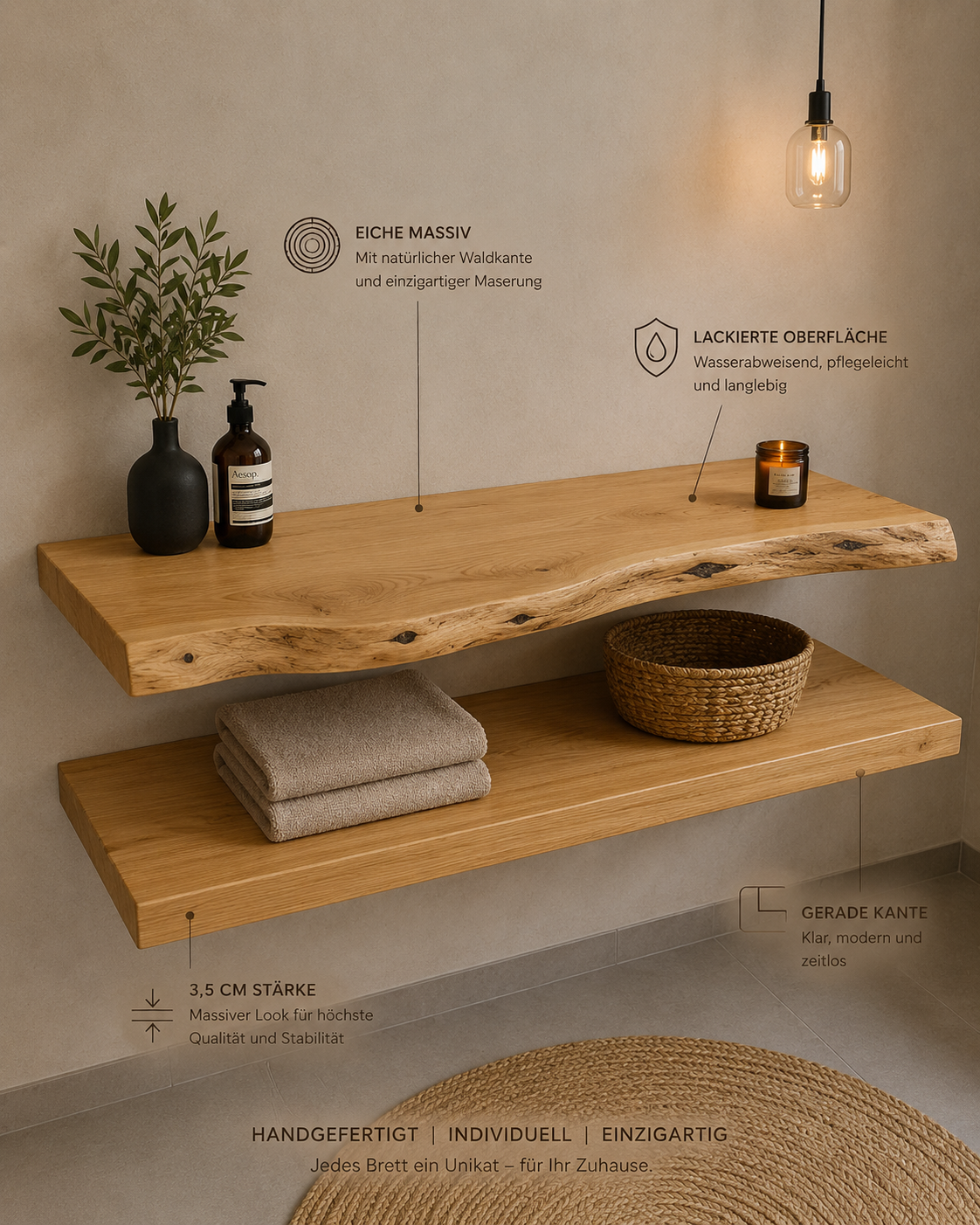Hochwertiger schwebender Waschtisch aus Eiche | Natürliche Waldkante | Badezimmer Holzplatte | Lackierte Oberfläche | Massivholz Waschtisch | Inkl. Halterung